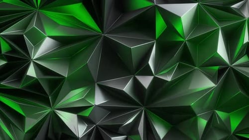 Dynamic green facets shimmer across the abstract surface