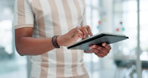 Hands, businessman and tablet for networking in office, online research and scrolling on internet