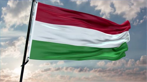 Hungarian National Flag Waving with Cloudy Sky Background