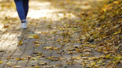Blurred figure walking on a leaf-strewn path in autumn, evoking solitude.