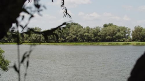 Windiger Sommertagsfluss mit Wellen auf dem Wasser und Bäumen, die sich im Wind wiegen