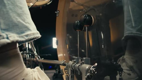 Expressive Drummer Young Woman Playing on Dums in Studio Room Closeup Rock Metall Music Artist