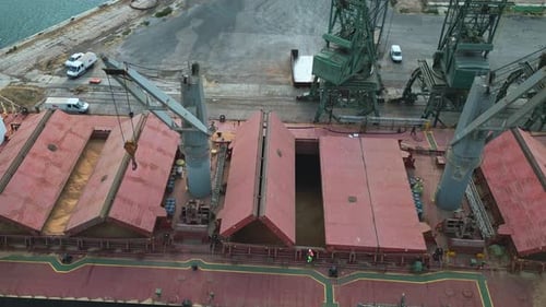 Bulk Carrier Cargo Ship Closes Hold Full of Grain Before Shipping Aerial View