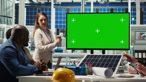 Photovoltaics Plant Researchers Doing Meeting Looking at Chroma Key Monitor