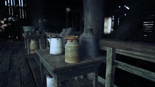 Rustic Milk Cans and Kettle on Wooden Table