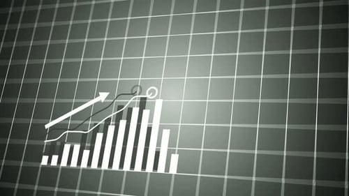 Financial Growth Bar Chart with Upward Trend Line and Arrow on Abstract Grid Background