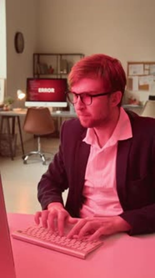 Man in Office Typing at Computer with Error
