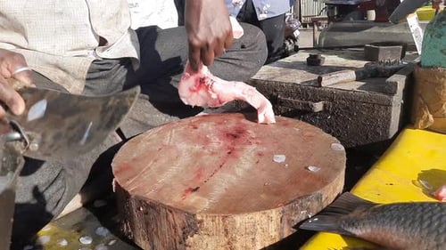 Fresh Fish Cutting Process in Supermarket, People slice fish meat for cooking, fresh raw meat of fis