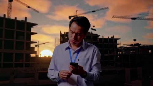 Asian Male Use Smartphone And Headache At Building Site