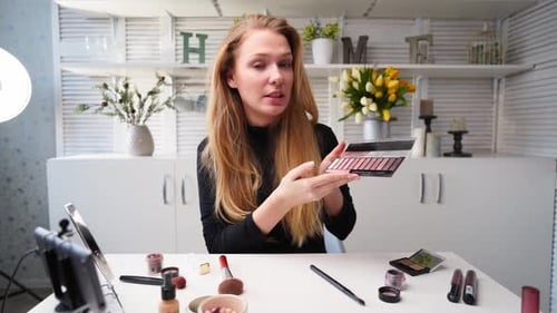 Beauty Blogger Woman Filming Daily Makeup Routine Tutorial Near Camera Influencer Girl Live