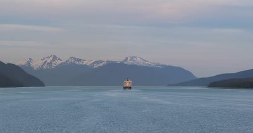 Cruise liner sailing down on Gastineau Channel, leaving Juneau, Alaska.