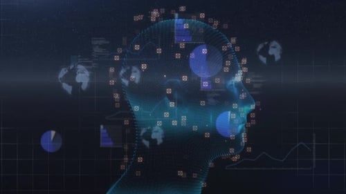 Animation of human head and data processing over digital screen