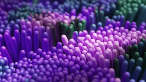 Striking 3D Digital Art Depicting Dense Arrays of Cylindrical Shapes in Deep Shades of Purple to