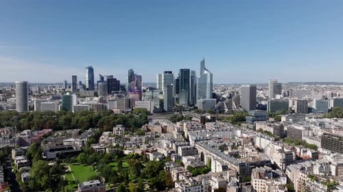 Aerial Shot of Modern Urban Borough on Sunny Day Group of Futuristic High Rise Office Buildings in