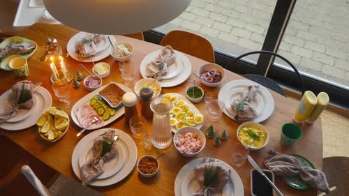 Festive Table Laid for Meal Overhead Shot