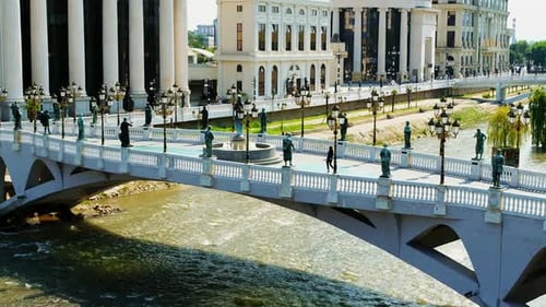aerial view of Macedonia, Skopje.
Drone capture of bridges and new buildings on the vardar river. 4K