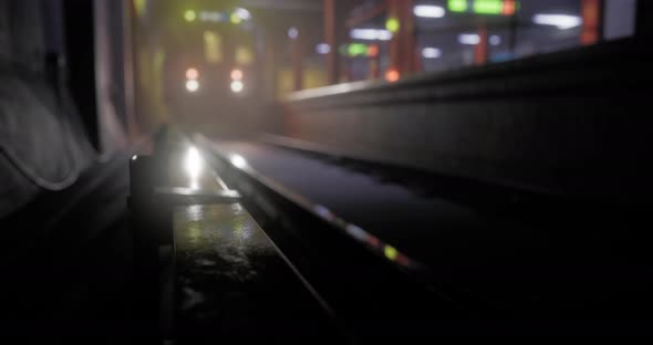 Subway Platform View Showcasing Train Lights in Dim Setting During ...
