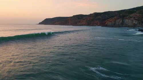 Sea Waves Splashing Sunrise Coastline Aerial. Panoramic View Rocky Cliffs Seashore Foaming Rough ...