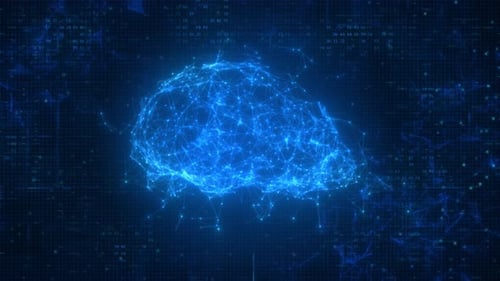 4K Rotating Futuristic Plexus Brain with Glowing Effects on Digital Data Background