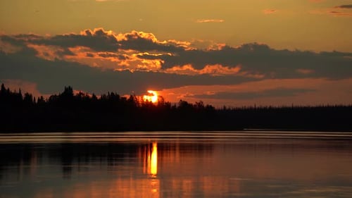 Red Sunset Over the Forest Near the Lake