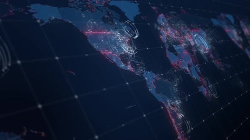 Futuristic Digital World Map Network with Glowing HUD Elements