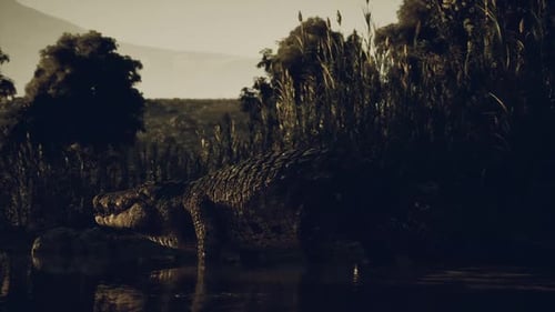 Grand crocodile posé sur la rive d'une rivière entouré de hautes herbes