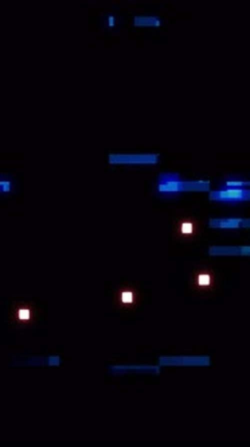 Dunkle Digitalszene mit leuchtenden Neonpixeln, Lichtblöcken und blauem horizontalem Scanband