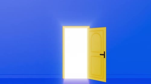 Light shone from the open door, a yellow door in the blue studio room. Filling the room with bright