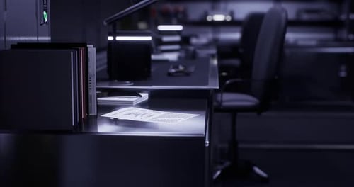 Modern Office Workspace with Minimalist Design and Ambient Lighting at Night
