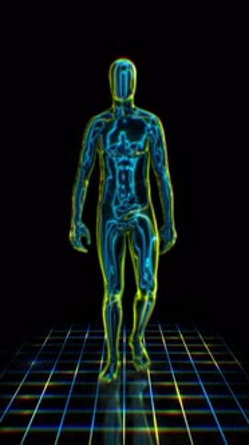 Futuristic Digital Humanoid Walking Loop on Glowing Grid