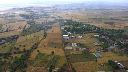 Aerial view of houses and farmlands, cloudy day in Kenya - descending drone shot