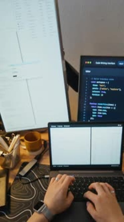 Male Software Developer Typing on Laptop in a Modern Home Office