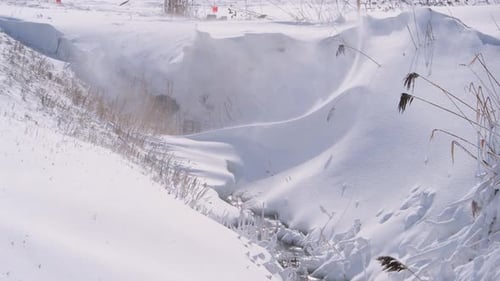 Stream Flowing In Snow-Covered Near Countryside In Saint-Jean-sur-Richelieu, Quebec Canada. Close-up