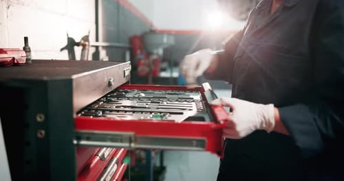 Mechanic, toolbox and hands with tools in garage for car maintenance, repair service