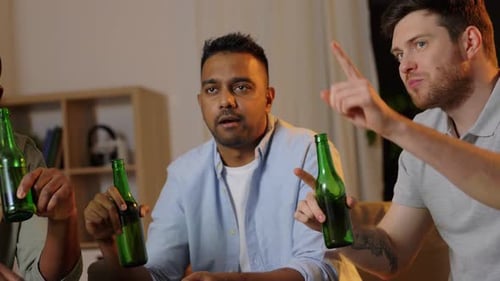 Friendship, Food and People Concept - Male Friends Drinking Beer, Eating Pizza