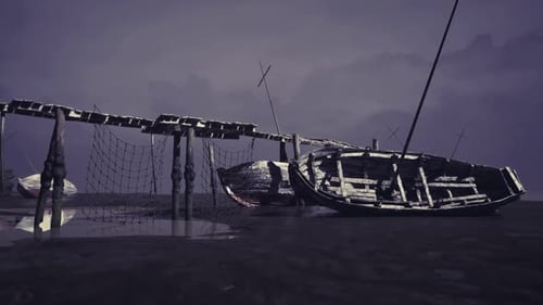 Worn Out Boat Sits Forgotten Beside Mistcovered Wharf As Waves Crash