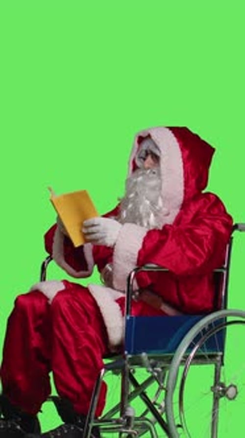 Vertical Video Side View of Santa in Wheelchair Reads Book