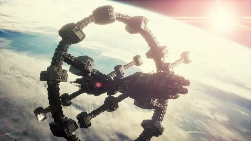 Advanced Space Station Orbiting Earth in Cinematic Sci-Fi Style