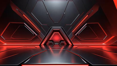 Futuristic, dark, metal, red-lit interior
