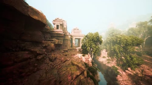 Remote Ancient Sanctuary Nestled Between Rushing River and Dense Jungle Canopy