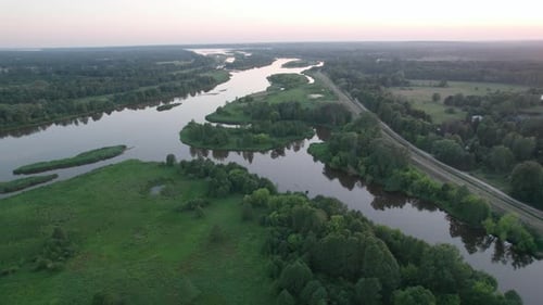 Spectacular aerial view of the backwaters by the river in Poland. Bug river 4K