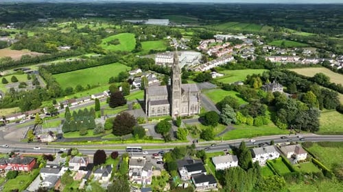 St. Cathedral, County Monaghan, Ireland, September 2022. Drone orbits clockwise in a wide high angle