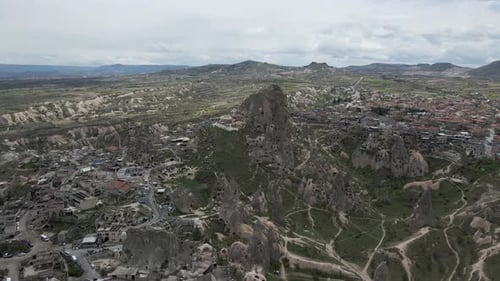 Aerial view of Uchisar Castle in Uchisar old town, Cappadocia, Turkey.