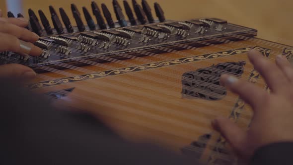 close up, male artist playing strings instrument qanon kanon oud ...