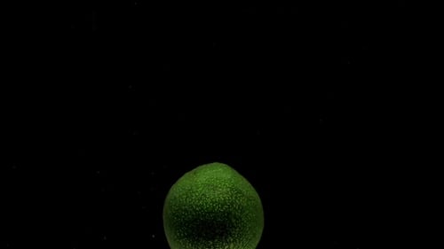 Slow Motion One Avocado Falling Into Transparent Water on Black Background