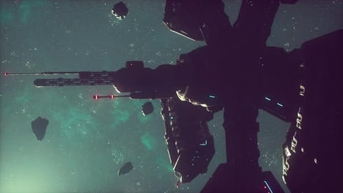 Futuristic Space Station Orbiting Among Asteroids and Nebula