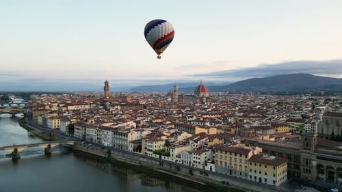 Florence Colorful Hot Air Balloon Epic Flying Above the City at Sunrise Italy