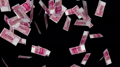 Exploding Chinese Cash Money - ÂĄ100 Yuans Bills - V - Bottom Blast Transition - Alpha Channel - 4K