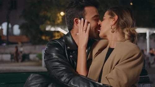 Engaged Couple Kissing City Street Closeup Gentle Man Stroking Looking Woman