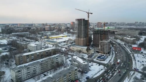 Aerial Winter View of Apartment Complex Under Construction Russia